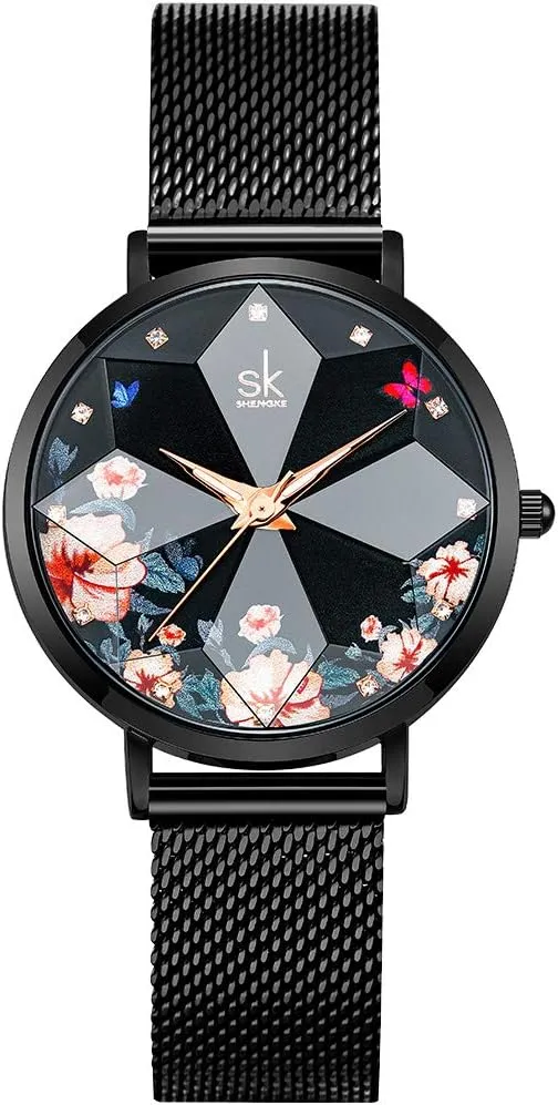 astronomer Minimalist Starry Sky Flower Dial Women Watch with Stainless Steel Mesh Band Genuine Leather Elegant Women Watches Creative Ultra Thin 