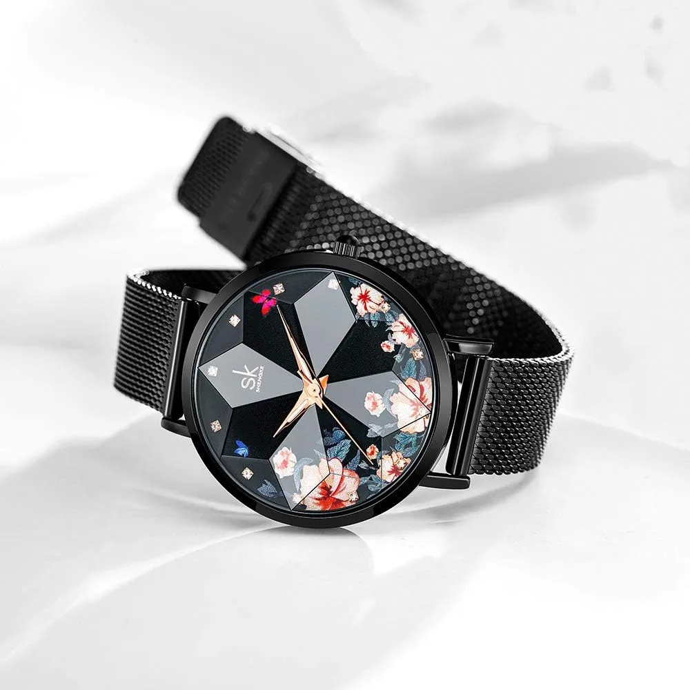 astronomer Minimalist Starry Sky Flower Dial Women Watch with Stainless Steel Mesh Band Genuine Leather Elegant Women Watches Creative Ultra Thin 