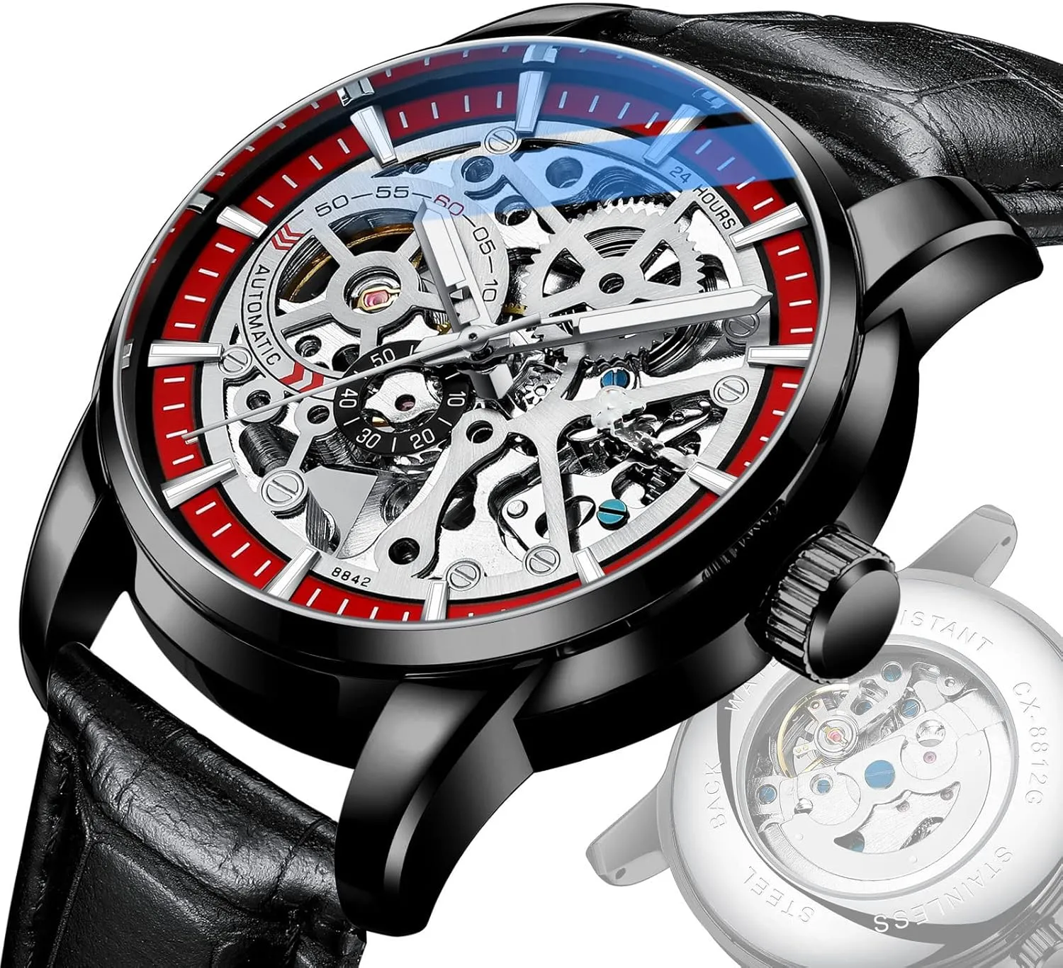 Automatic representative Watch Luxury Leather Strap Waterproof Business Skeleton Watches SENRUD Mens 