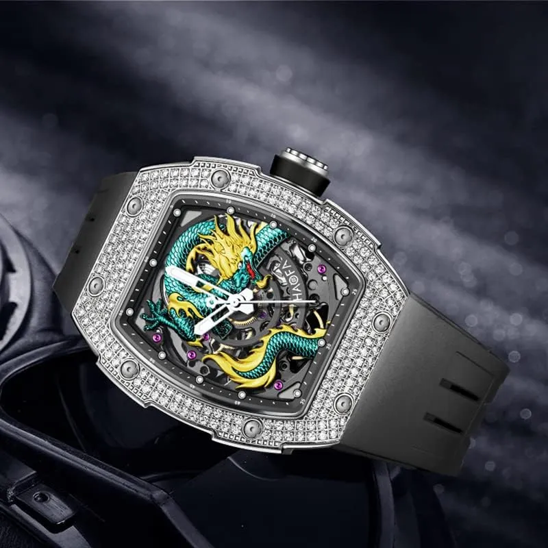 Automatic Watch Luxury Mens Watch 1968S Haofa Skeleton Mechanical Watch for Men encrust 80H Power Reserve 3D Carved Dragon Dial Diamond Case Sapphire Waterproof Luminous 