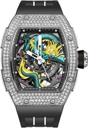 Automatic Watch Luxury Mens Watch 1968S Haofa Skeleton Mechanical Watch for Men encrust 80H Power Reserve 3D Carved Dragon Dial Diamond Case Sapphire Waterproof Luminous 