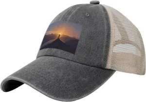 Back Denim Hat Vintage Trucker Hats Dad Caps Man Standing on Top of chronical a Mountain Watching The Sunset View Baseball Cap Women Men Mesh 