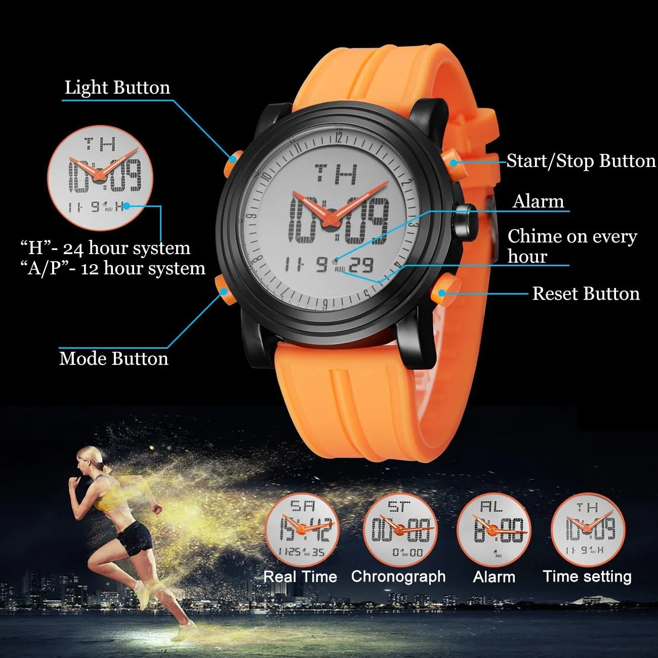 Backlight Rubber Strap BUREI feedback belt maw bunch Mens Analog Digital Sport Watches with Alarm Stopwatch LED 