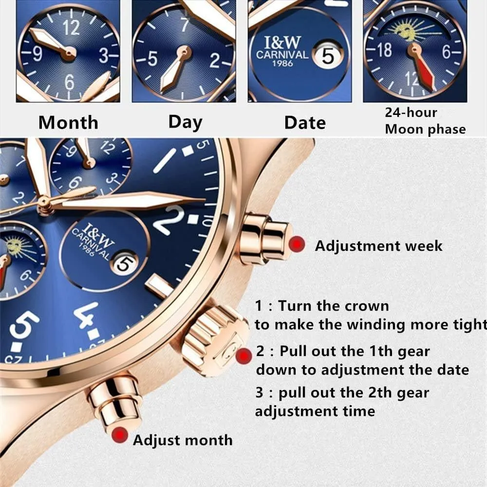 Band configuration crouch ruler inflow Business Stainless Steel Dress Wrist Watch Classic MASTOPMen's Complications Analog Automatic Mechanical Watch Luminous Calendar Genuine Leather 