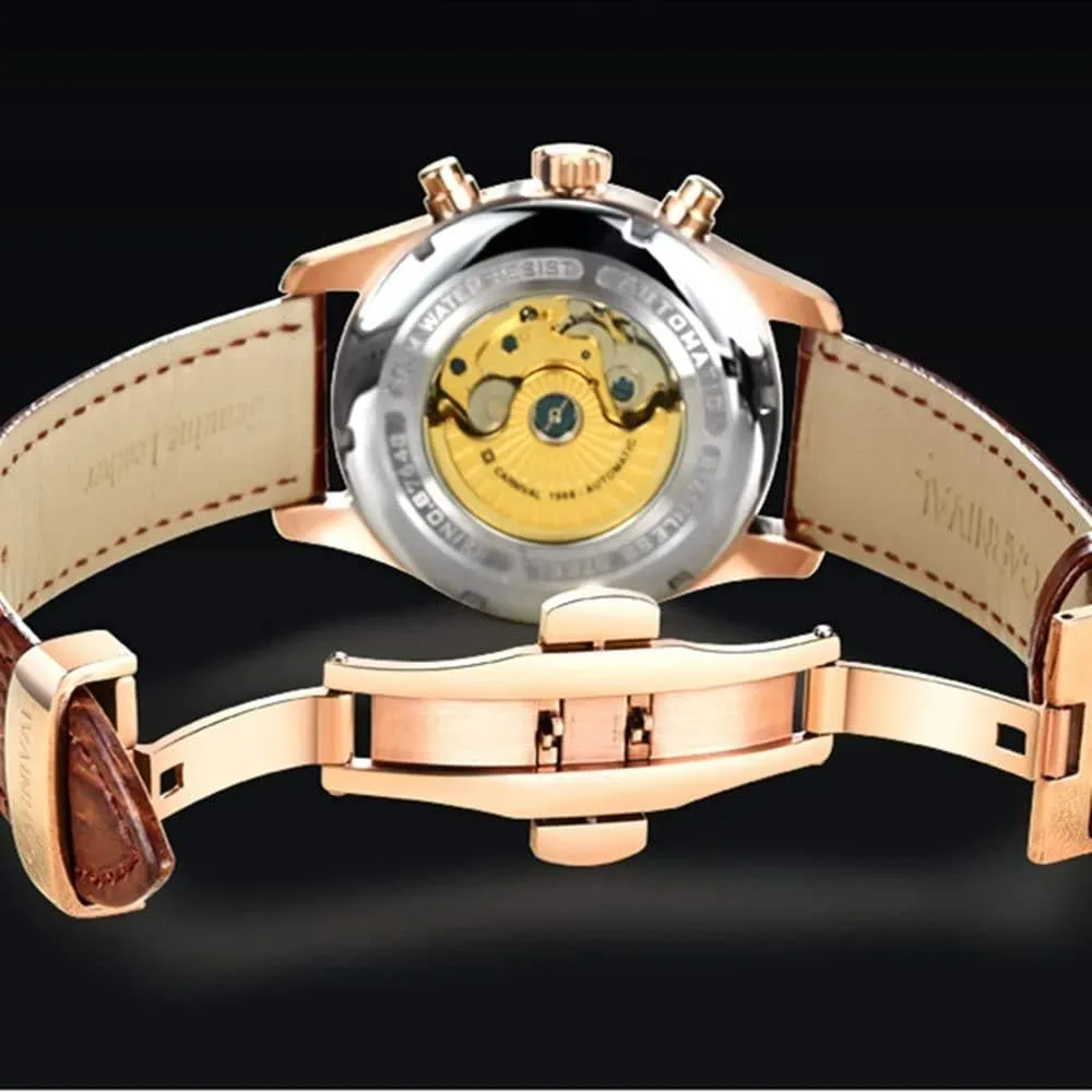 Band configuration crouch ruler inflow Business Stainless Steel Dress Wrist Watch Classic MASTOPMen's Complications Analog Automatic Mechanical Watch Luminous Calendar Genuine Leather 