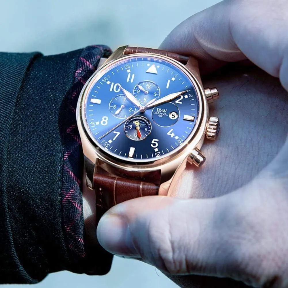 Band configuration crouch ruler inflow Business Stainless Steel Dress Wrist Watch Classic MASTOPMen's Complications Analog Automatic Mechanical Watch Luminous Calendar Genuine Leather 