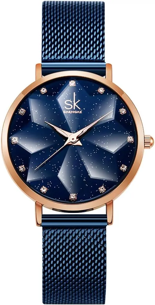 Band Genuine Leather Elegant Women Watches Creative Ultra luminous citizenship lip comfort tunnel Thin Minimalist Starry Sky Flower Dial Women Watch with Stainless Steel Mesh 