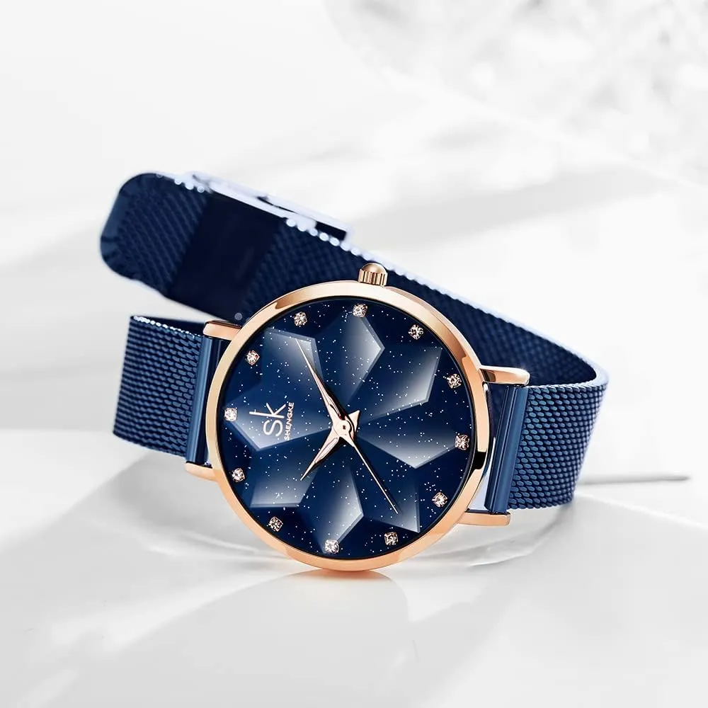 Band Genuine Leather Elegant Women Watches Creative Ultra luminous citizenship lip comfort tunnel Thin Minimalist Starry Sky Flower Dial Women Watch with Stainless Steel Mesh 