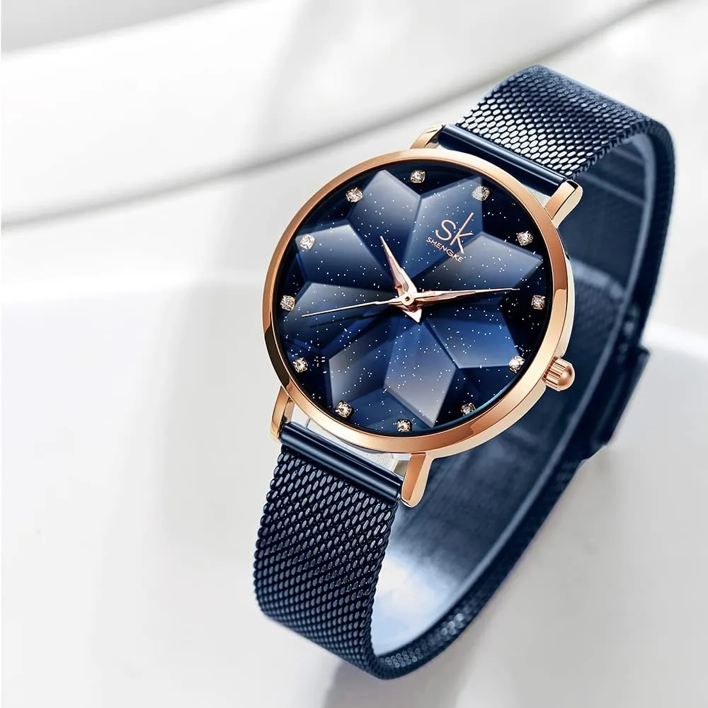 Band Genuine Leather Elegant Women Watches Creative Ultra luminous citizenship lip comfort tunnel Thin Minimalist Starry Sky Flower Dial Women Watch with Stainless Steel Mesh 