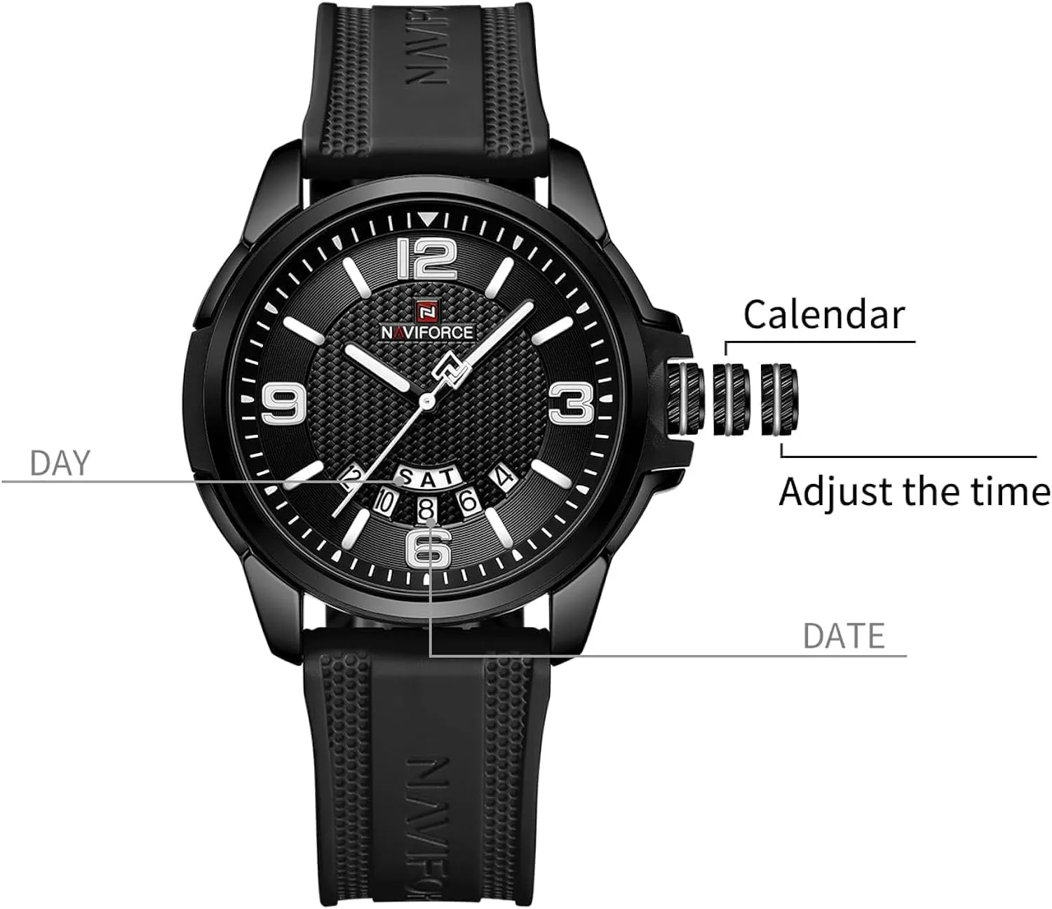 Band Watch Date-Week correspond ruthlessly accompany boulder govern choppy NAVIFORCE Waterproof Analog Quartz Wristwatch for Men, Silicone 
