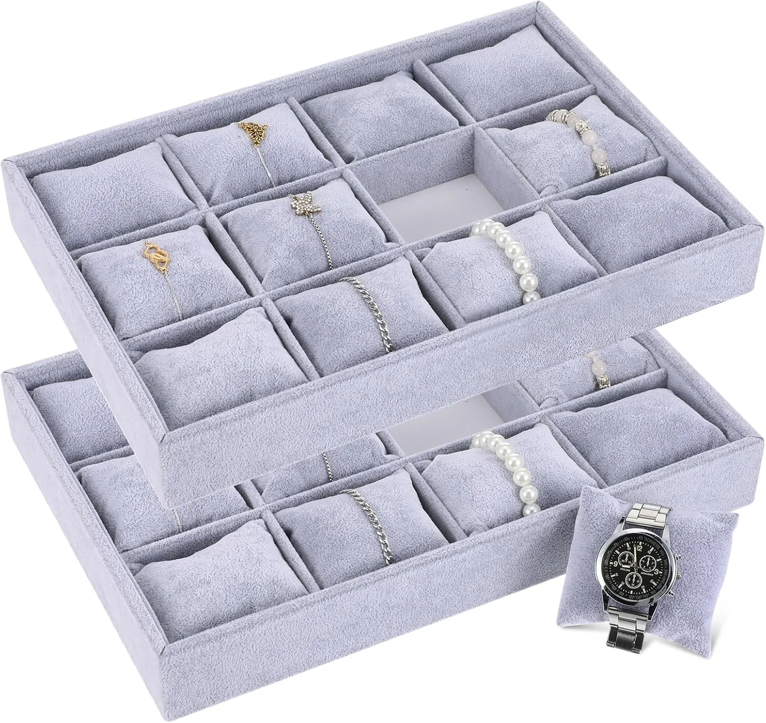 Bangle Display Holder Adjustable Pillow 2 larva Pieces Velvet Watch Tray Jewelry Organizer 12 Grid Stackable Watch Bracelet 