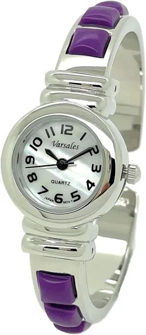 Bangle onrushing Cuff Fashion Analog Quartz Watch with Stones Mother of Pearl Dial Easy to Read Black Numbers Varsales VERSALES Women's Silver Metal 