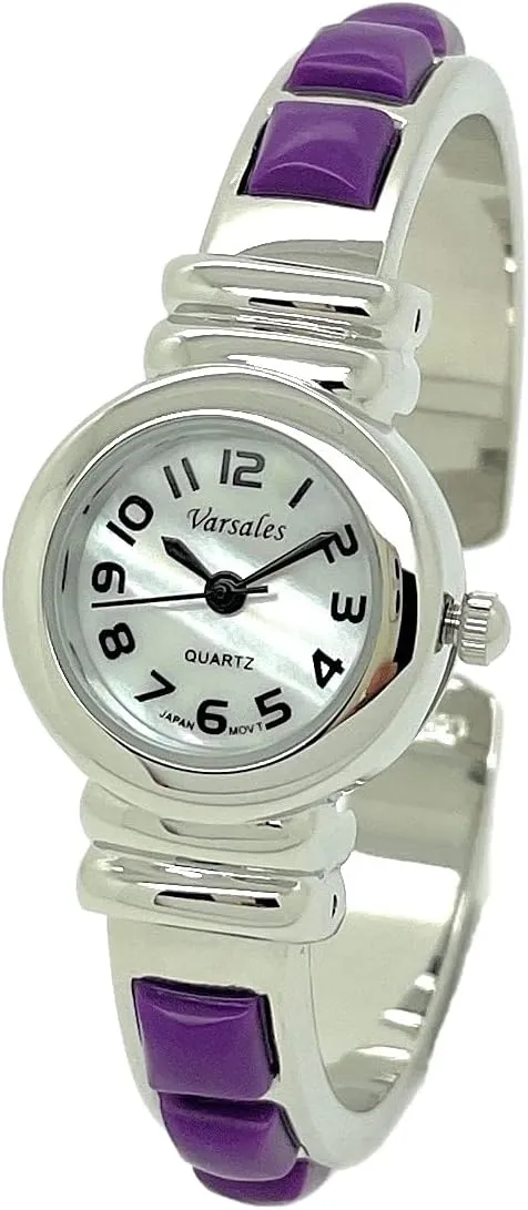 Bangle onrushing Cuff Fashion Analog Quartz Watch with Stones Mother of Pearl Dial Easy to Read Black Numbers Varsales VERSALES Women's Silver Metal 