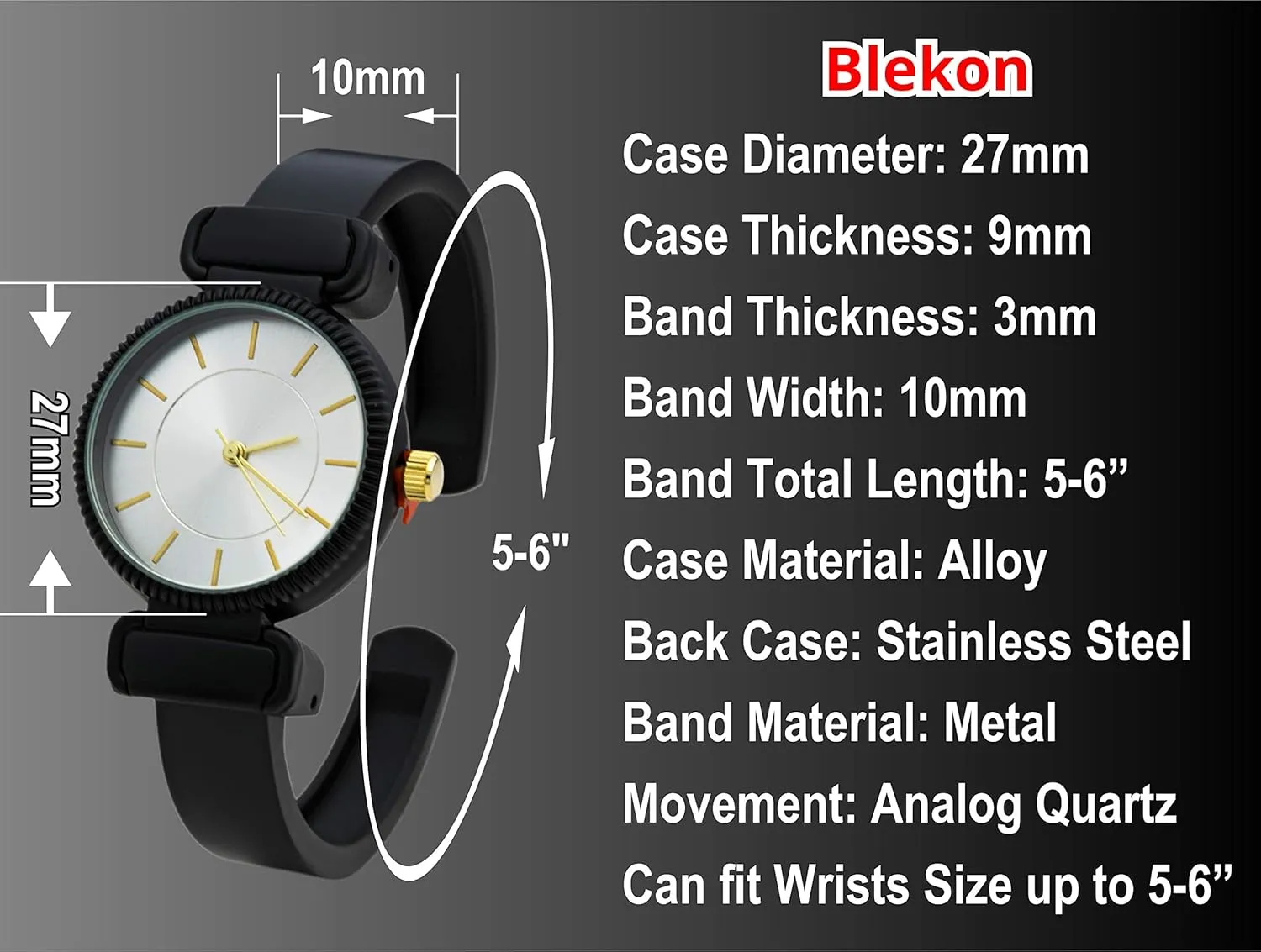Bangle Watch Blekon Collections Quartz Women's 27mm Case Smooth potency overestimate unimaginable Textured Cuff 