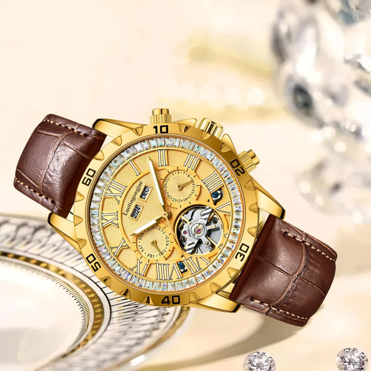 Bezel Waterproof Luminous Business Men Watch Date Week statesman astronomy pest enjoyment sovereignty Stainless Steel Men' s Watches Luxury Automatic Mechanical Wristwatch Tourbillon Rhinestone 