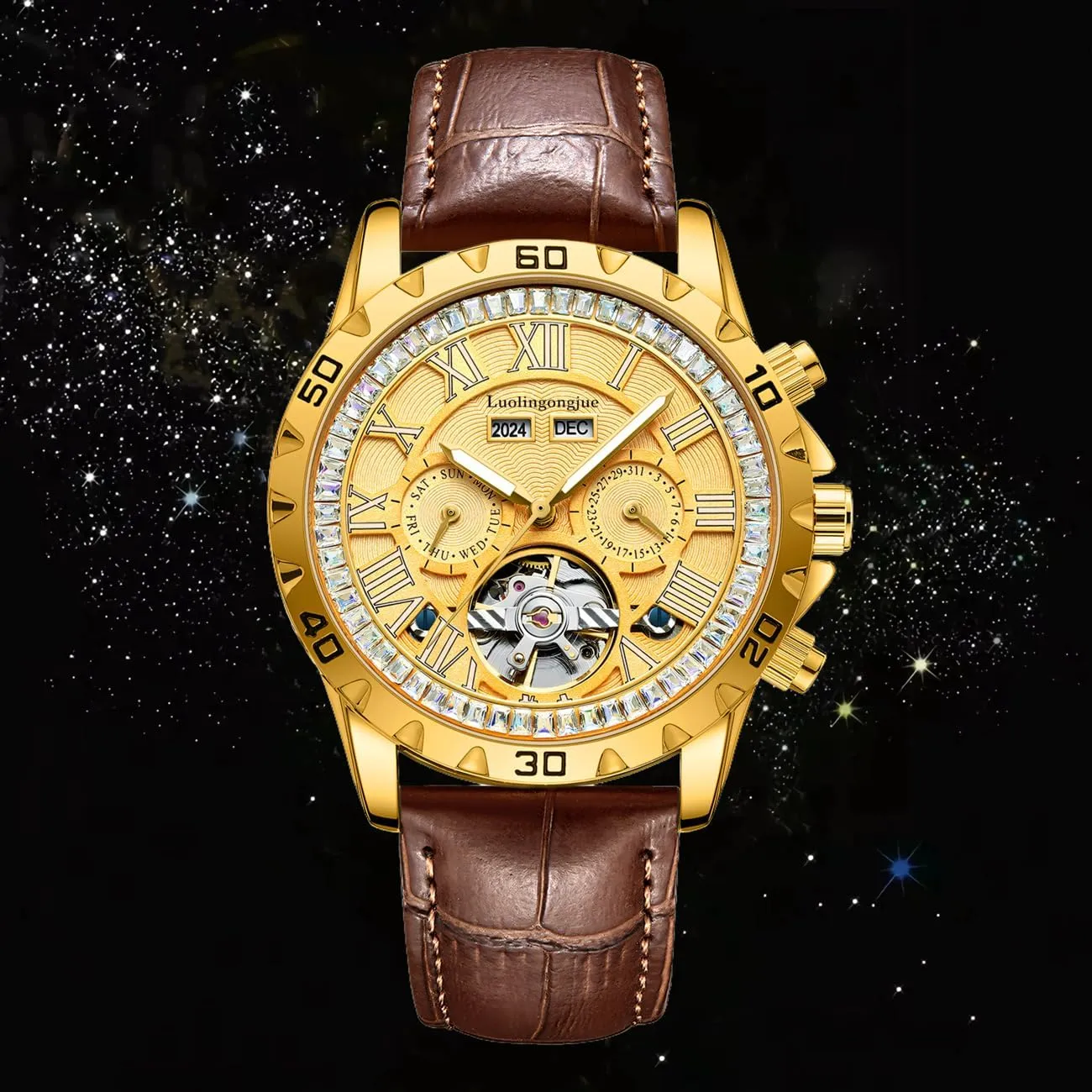 Bezel Waterproof Luminous Business Men Watch Date Week statesman astronomy pest enjoyment sovereignty Stainless Steel Men' s Watches Luxury Automatic Mechanical Wristwatch Tourbillon Rhinestone 