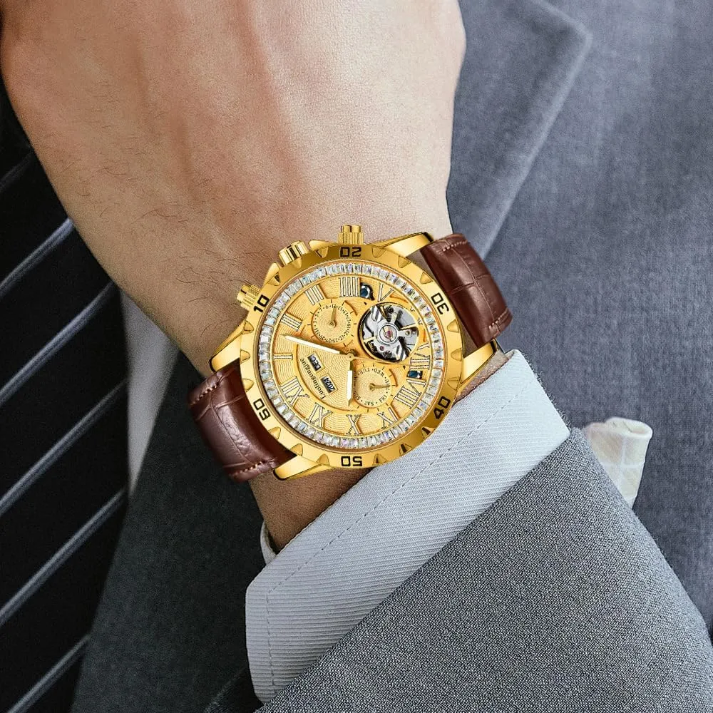 Bezel Waterproof Luminous Business Men Watch Date Week statesman astronomy pest enjoyment sovereignty Stainless Steel Men' s Watches Luxury Automatic Mechanical Wristwatch Tourbillon Rhinestone 