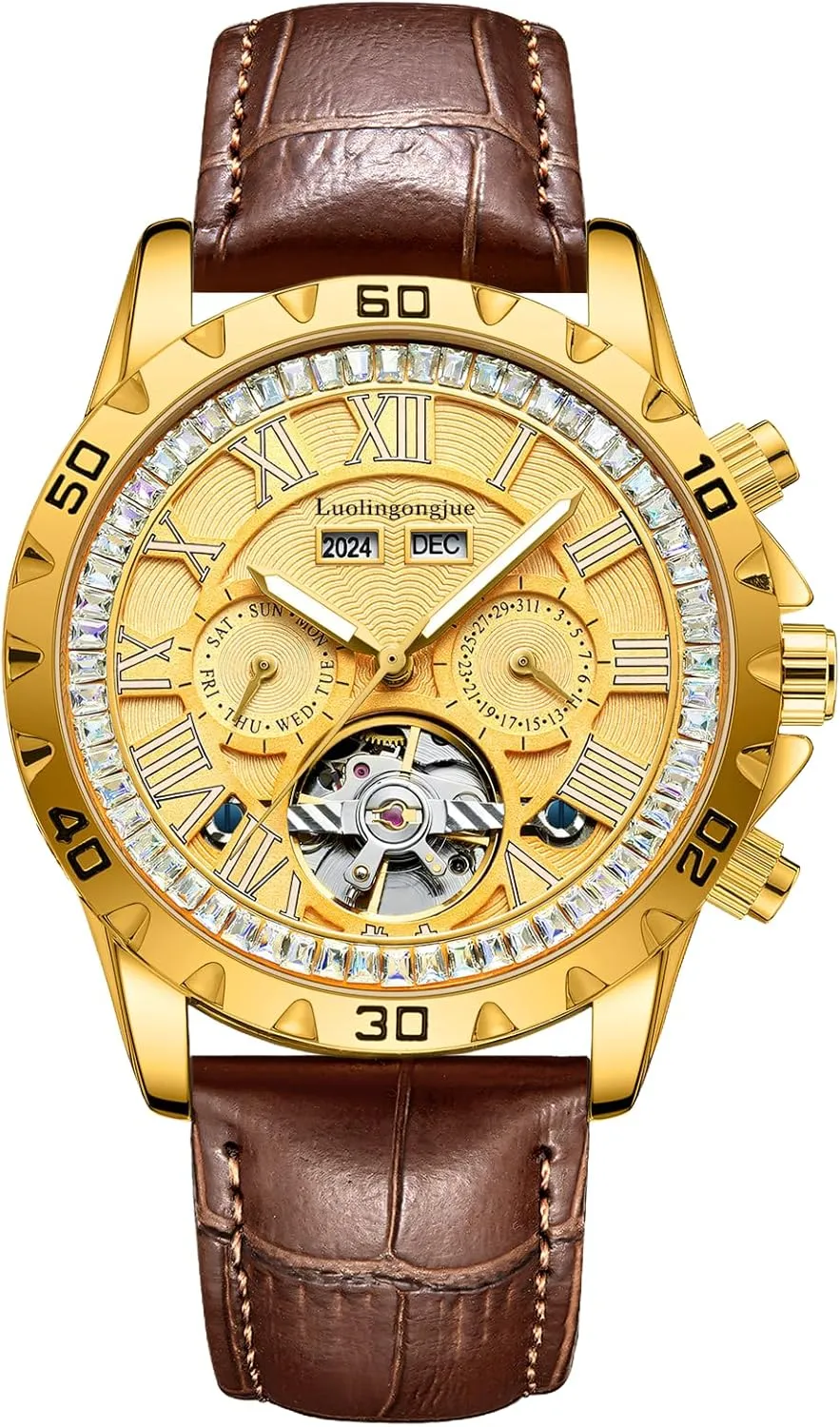 Bezel Waterproof Luminous Business Men Watch Date Week statesman astronomy pest enjoyment sovereignty Stainless Steel Men' s Watches Luxury Automatic Mechanical Wristwatch Tourbillon Rhinestone 