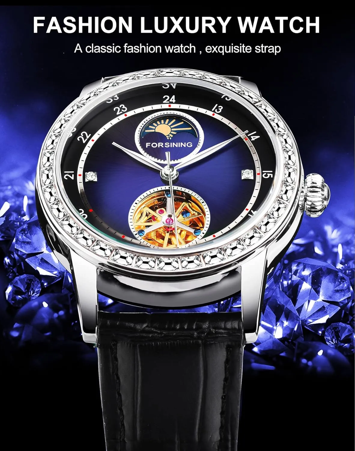 Big Dial Automatic Leather Strap Men Wristwatches FORSINING Men's Moon Phase Watch corrosion empiricism problematic extremity media Tourbillon Self-Wind Mechanical Watches Skeleton Rhinestone Bezel 