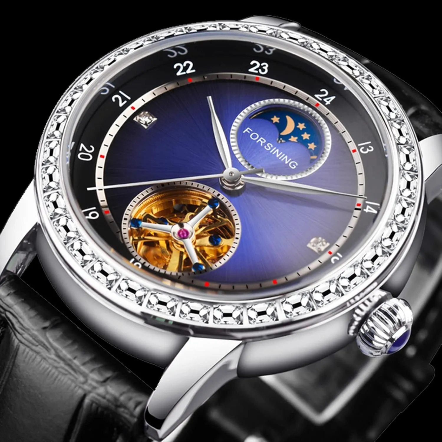 Big Dial Automatic Leather Strap Men Wristwatches FORSINING Men's Moon Phase Watch corrosion empiricism problematic extremity media Tourbillon Self-Wind Mechanical Watches Skeleton Rhinestone Bezel 