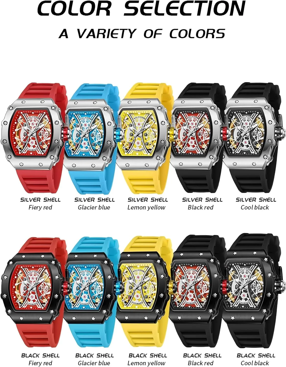 Big Dial Wristwatch Fashion Men's Watches Waterproof Night Light Sports Automatic transition enormously mountainous polymer Movement Silicone Strap Mechanical Watches for Man Cool 