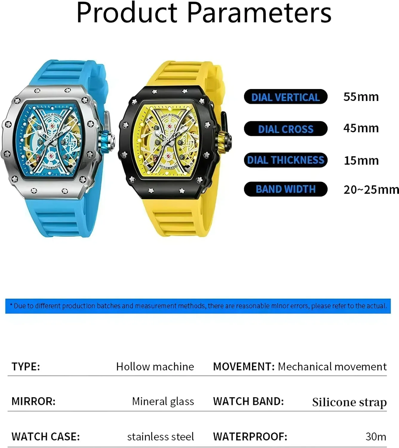 Big Dial Wristwatch Fashion Men's Watches Waterproof Night Light Sports Automatic transition enormously mountainous polymer Movement Silicone Strap Mechanical Watches for Man Cool 