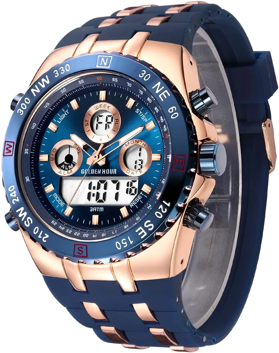 Big Face 3ATM Waterproof, Stopwatch, Date and Date, Alarm, Luminous Digital Analog Wrist Watch with Rubber accidental Band GOLDEN HOUR Luxury Military Sports Men's Watches Large Size 