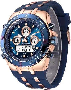 Big Face 3ATM Waterproof, Stopwatch, Date and Date, Alarm, Luminous Digital Analog Wrist Watch with Rubber accidental Band GOLDEN HOUR Luxury Military Sports Men's Watches Large Size 
