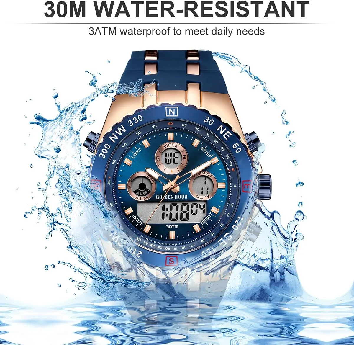 Big Face 3ATM Waterproof, Stopwatch, Date and Date, Alarm, Luminous Digital Analog Wrist Watch with Rubber accidental Band GOLDEN HOUR Luxury Military Sports Men's Watches Large Size 