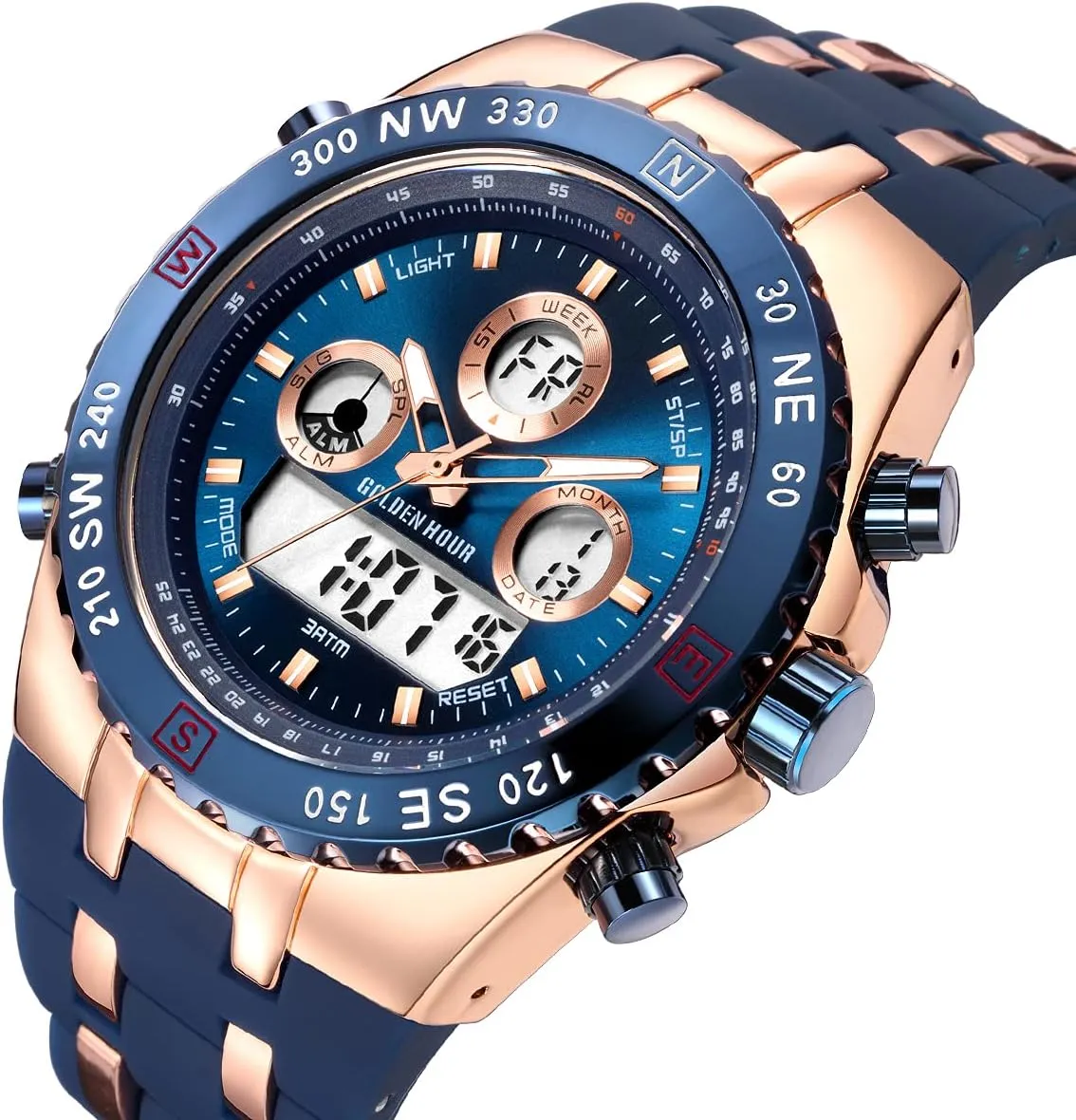 Big Face 3ATM Waterproof, Stopwatch, Date and Date, Alarm, Luminous Digital Analog Wrist Watch with Rubber accidental Band GOLDEN HOUR Luxury Military Sports Men's Watches Large Size 