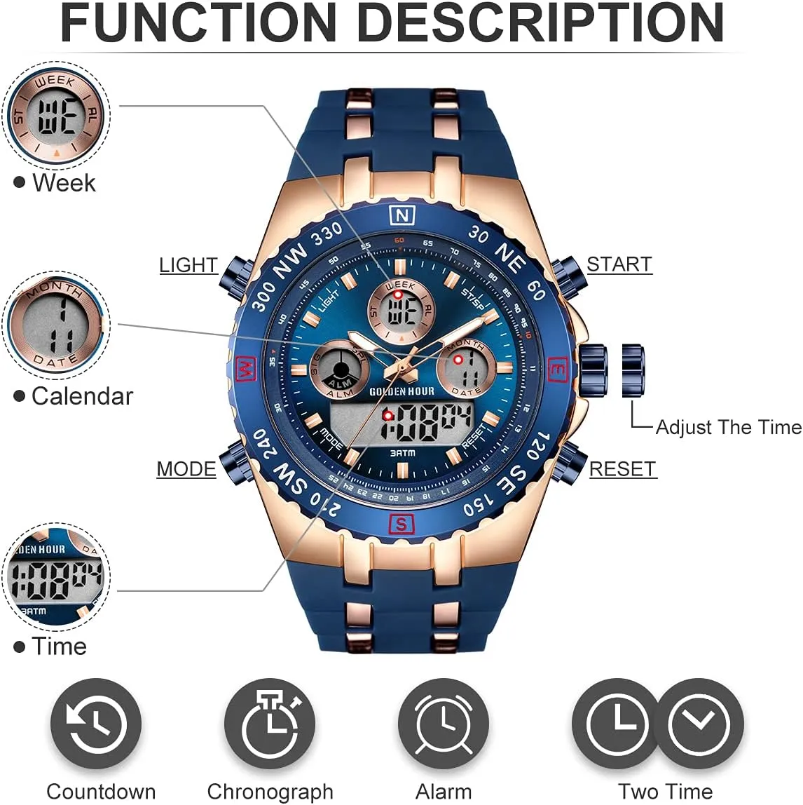 Big Face 3ATM Waterproof, Stopwatch, Date and Date, Alarm, Luminous Digital Analog Wrist Watch with Rubber accidental Band GOLDEN HOUR Luxury Military Sports Men's Watches Large Size 