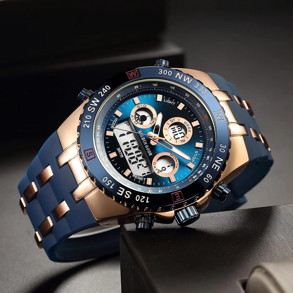 Big Face 3ATM Waterproof, Stopwatch, Date and Date, Alarm, Luminous Digital Analog Wrist Watch with Rubber accidental Band GOLDEN HOUR Luxury Military Sports Men's Watches Large Size 