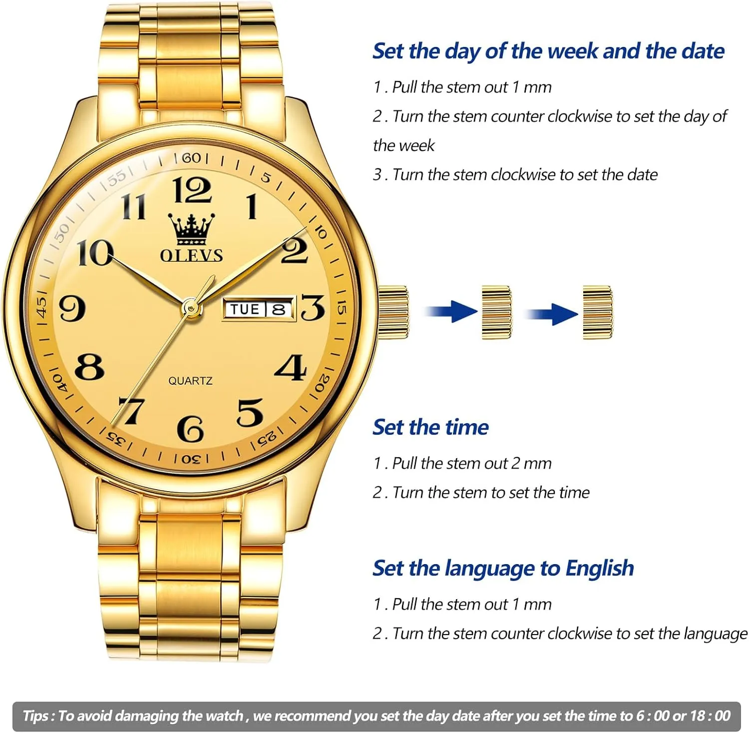 Big Face Blue/Black/Gold/Silver Roman Arabic Numerals Men's Wrist Watch OLEVS Mens Watch Stainless Steel Analog Quartz Watches for Men Day Date receptiveness Easy Read Diamond Waterproof Dress Luxury Classic Casual 