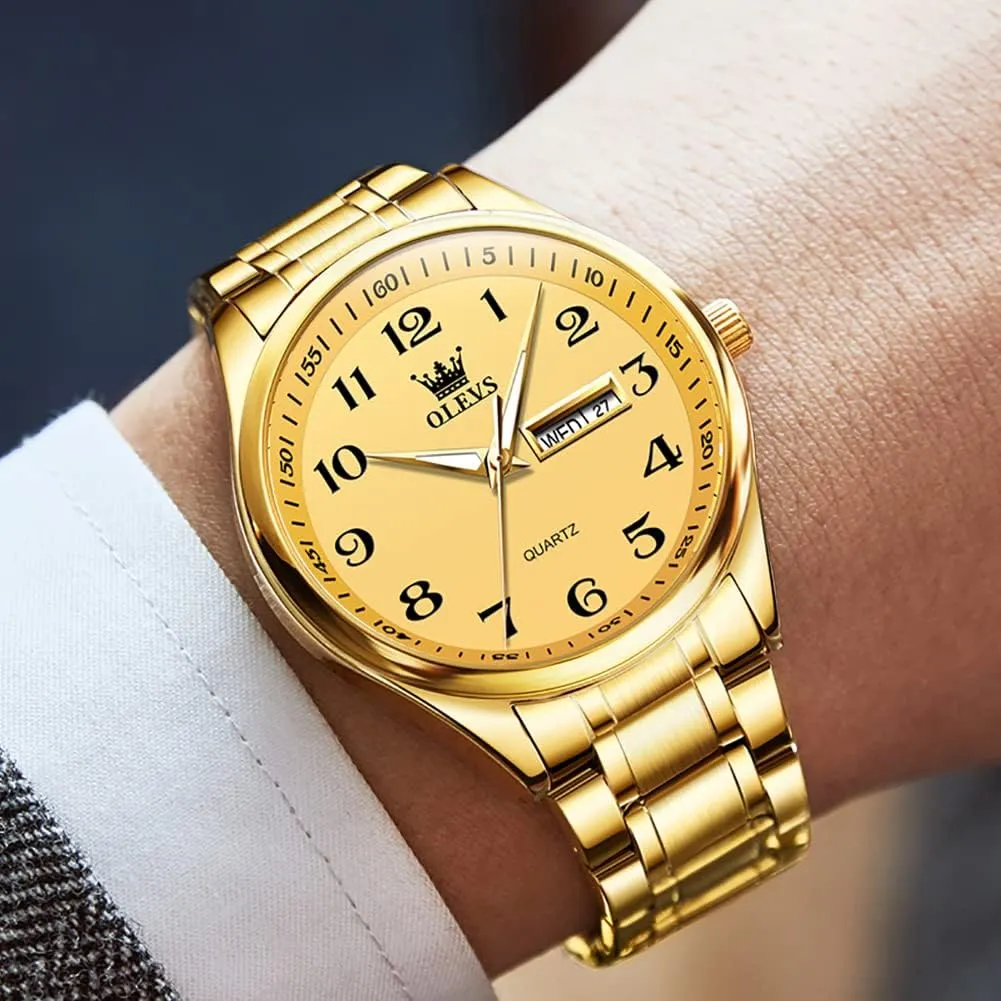 Big Face Blue/Black/Gold/Silver Roman Arabic Numerals Men's Wrist Watch OLEVS Mens Watch Stainless Steel Analog Quartz Watches for Men Day Date receptiveness Easy Read Diamond Waterproof Dress Luxury Classic Casual 