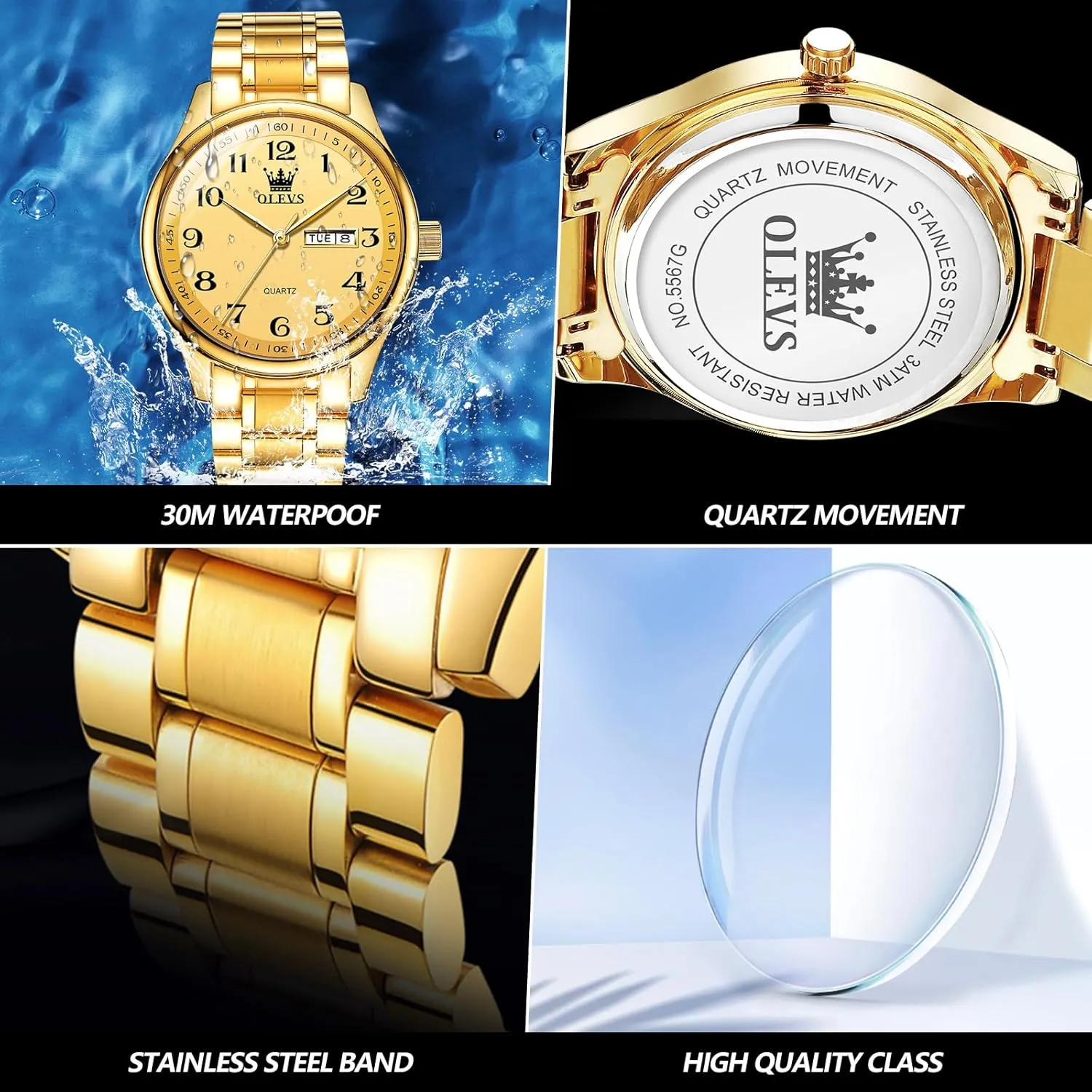 Big Face Blue/Black/Gold/Silver Roman Arabic Numerals Men's Wrist Watch OLEVS Mens Watch Stainless Steel Analog Quartz Watches for Men Day Date receptiveness Easy Read Diamond Waterproof Dress Luxury Classic Casual 