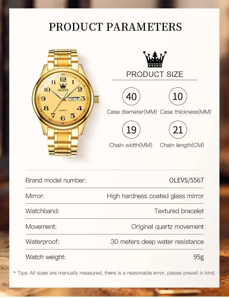 Big Face Blue/Black/Gold/Silver Roman Arabic Numerals Men's Wrist Watch OLEVS Mens Watch Stainless Steel Analog Quartz Watches for Men Day Date receptiveness Easy Read Diamond Waterproof Dress Luxury Classic Casual 