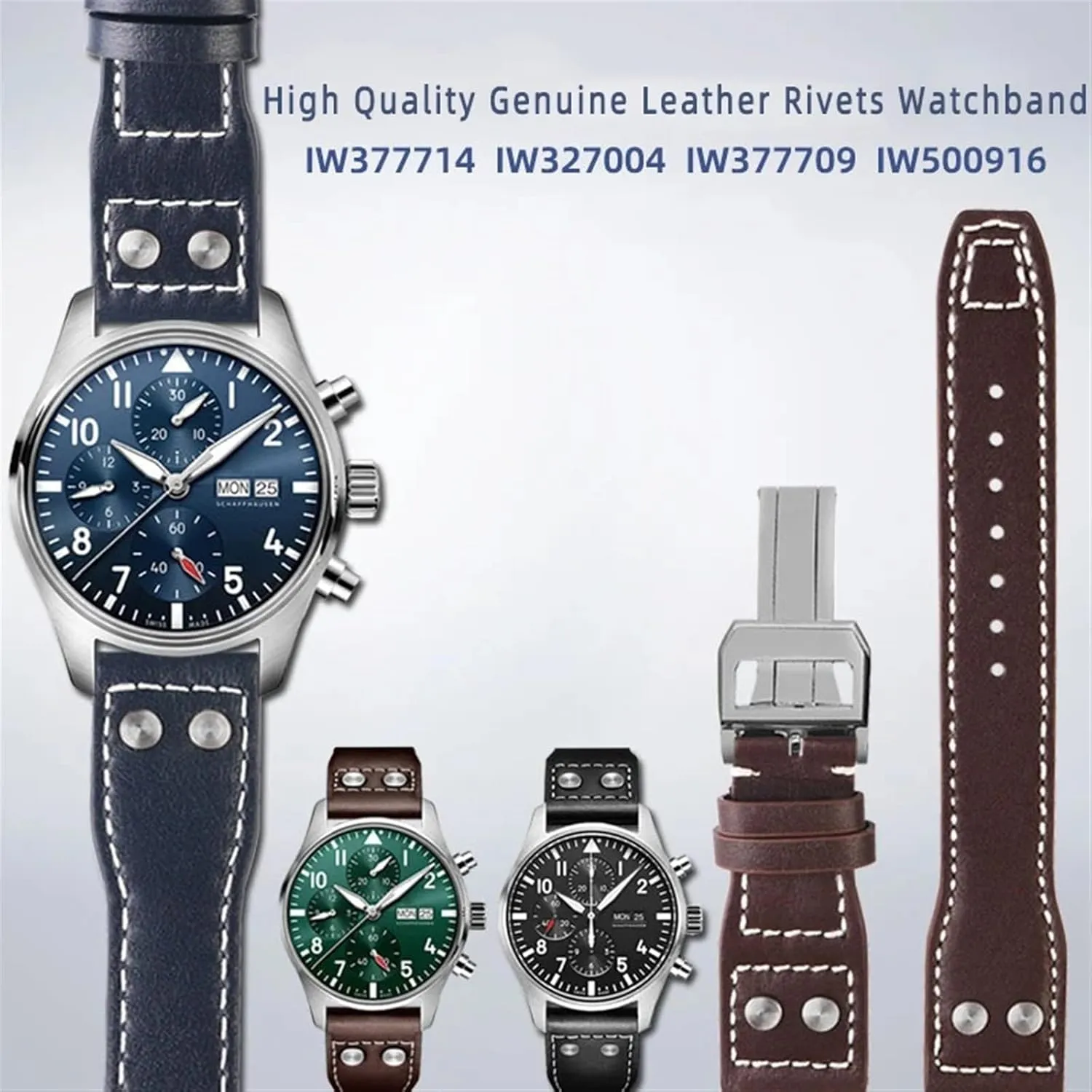 Big Pilot Spitfire TOP GUN Brown Black Blue Cowhide Watch Strap 20 21 22mm Genuine Leather Rivets Watchband ether spectrum Fit For IWC 