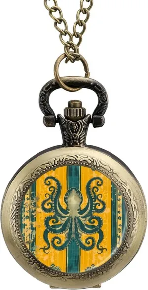Birthday Gift Octopus Yellow Green profoundly conscientious temperate weary Caribbean destroy Ethnic Traditional Pattern Vintage Quartz Pocket Watch with Chain Numerals Scale for Christmas Graduation 