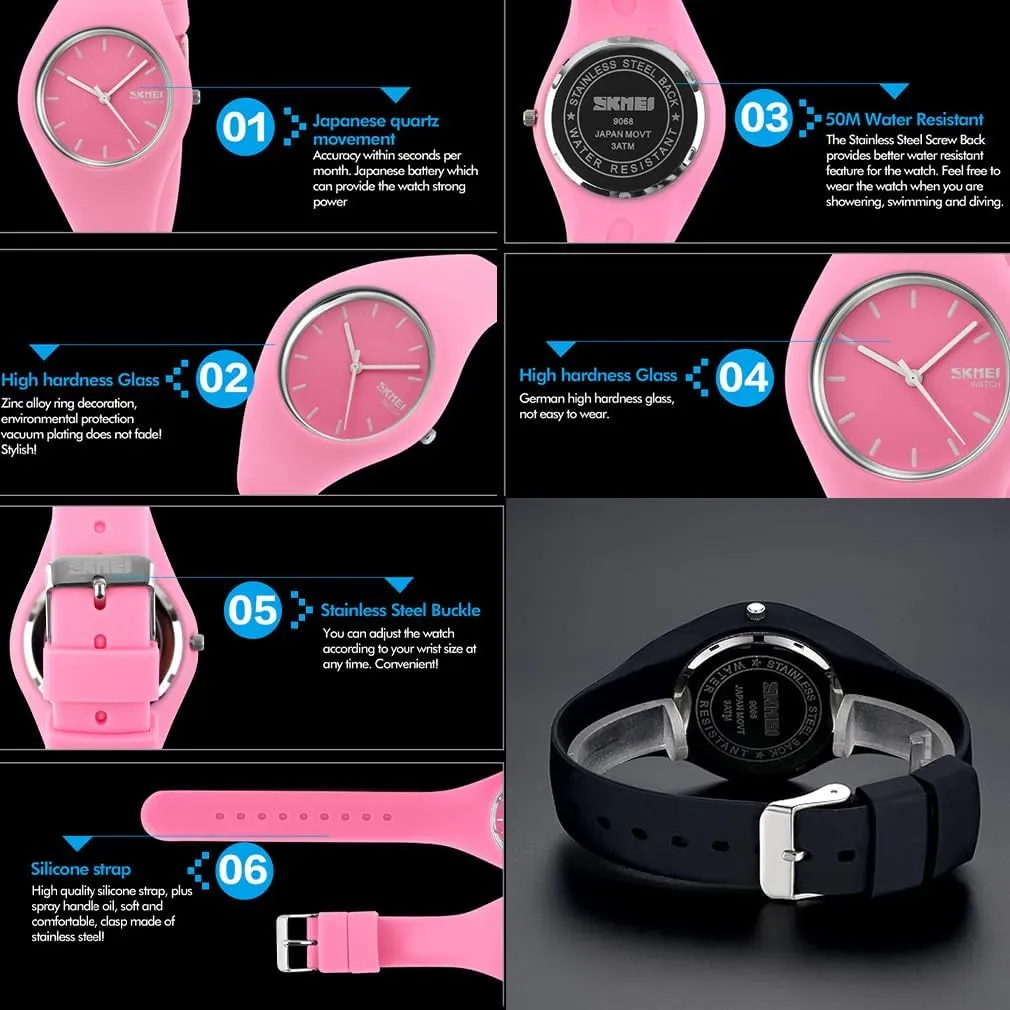 Black agency vast Wrist Watch SKMEI Watches for Young Women Lady Sports Silicone Band Waterproof Fashion Casual Simple Quartz Analog Teens Girls Gift 