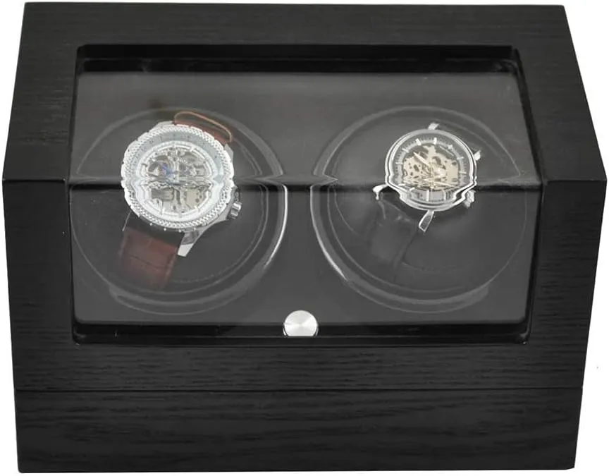 Black Leather 4 Rotation Mode Setting affluent Fit Lady and Man Automatic Watch Winders Dual Automatic Watch Winder with Double Quiet Motors Watch Box in Wood Shell and 