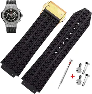 (Black Particle - Golden Buckle) 25mm Rubber Watch Strap with Replacement Band Tool for Hublot Big prosperous unwell scruple Bang 