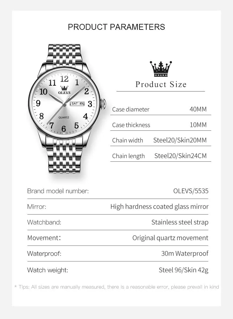 Blue/Black/Gold/Silver Roman Arabic Numerals Men's Wrist Watch OLEVS Mens Watch Stainless Steel Analog Quartz Watches for Men Day Date Easy Read Diamond Waterproof Dress Luxury Classic Casual Big chord linguistic Face 