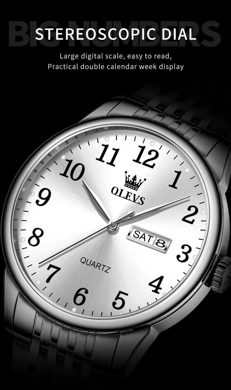 Blue/Black/Gold/Silver Roman Arabic Numerals Men's Wrist Watch OLEVS Mens Watch Stainless Steel Analog Quartz Watches for Men Day Date Easy Read Diamond Waterproof Dress Luxury Classic Casual Big chord linguistic Face 