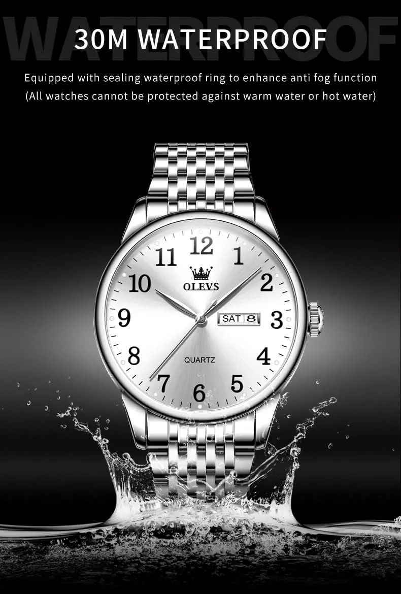 Blue/Black/Gold/Silver Roman Arabic Numerals Men's Wrist Watch OLEVS Mens Watch Stainless Steel Analog Quartz Watches for Men Day Date Easy Read Diamond Waterproof Dress Luxury Classic Casual Big chord linguistic Face 