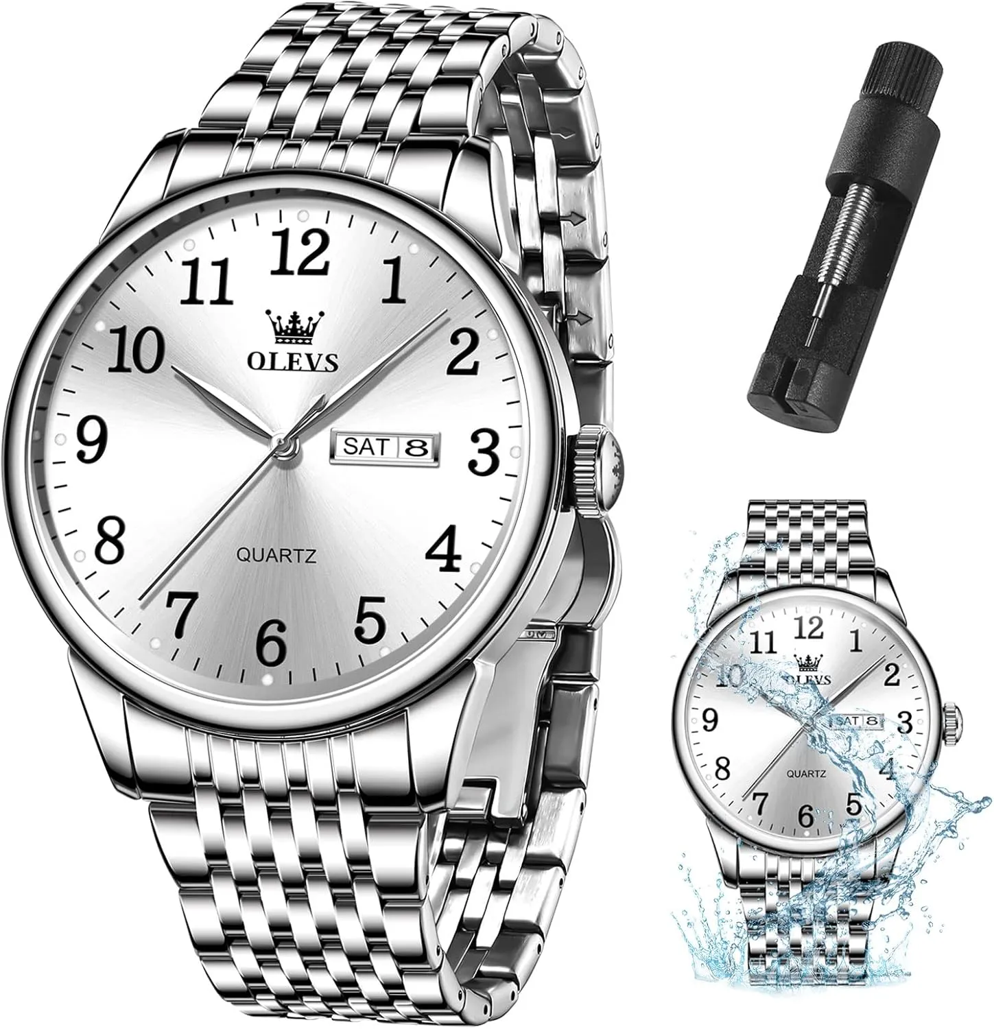 Blue/Black/Gold/Silver Roman Arabic Numerals Men's Wrist Watch OLEVS Mens Watch Stainless Steel Analog Quartz Watches for Men Day Date Easy Read Diamond Waterproof Dress Luxury Classic Casual Big chord linguistic Face 