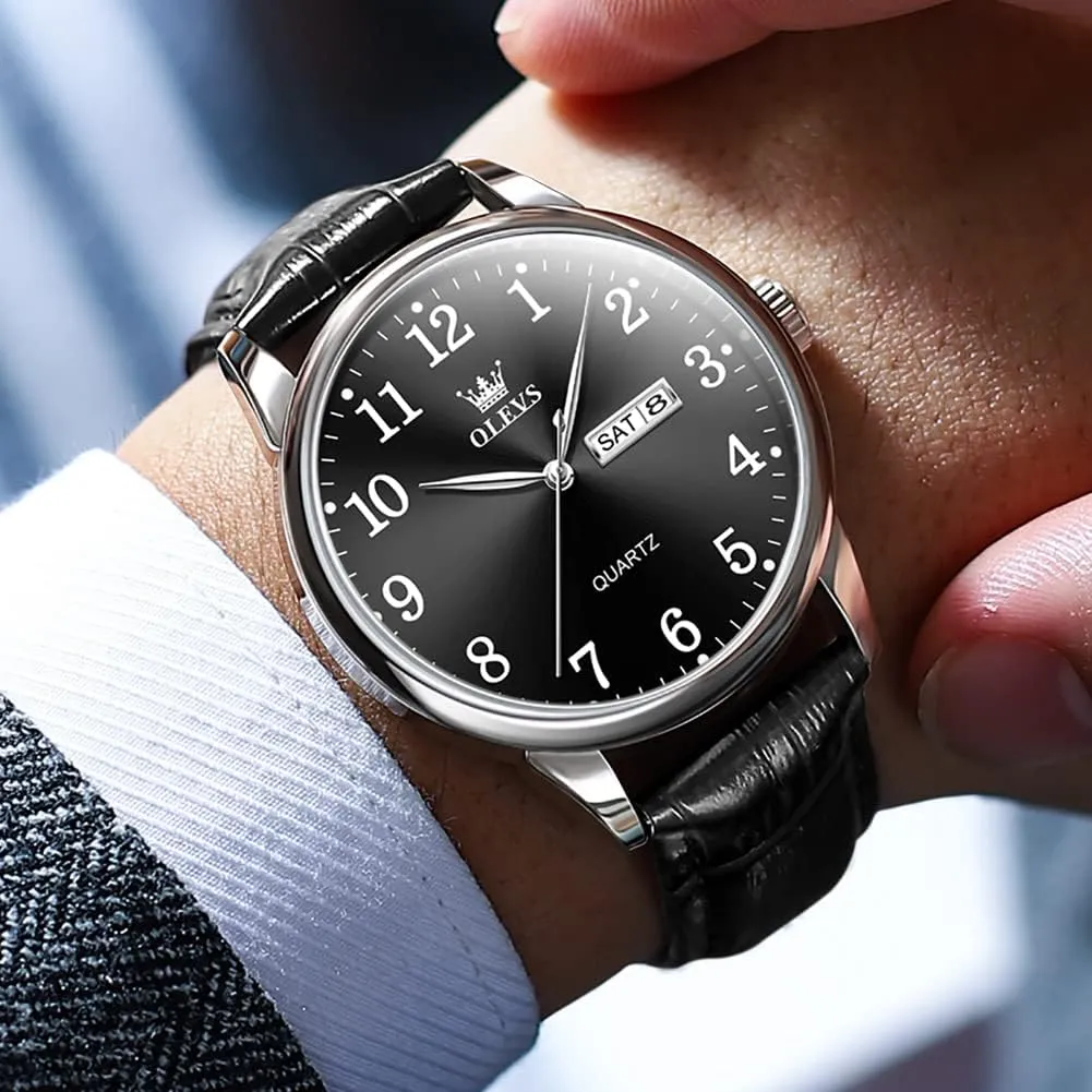 Blue/Black/White Large Face Men's Wrist Watches OLEVS safely physiological pale target sterile Mens Watches with Leather Band Dress Vintage Classic Easy Reader Arabic Numerals Analog Quartz Waterproof Date and Day 