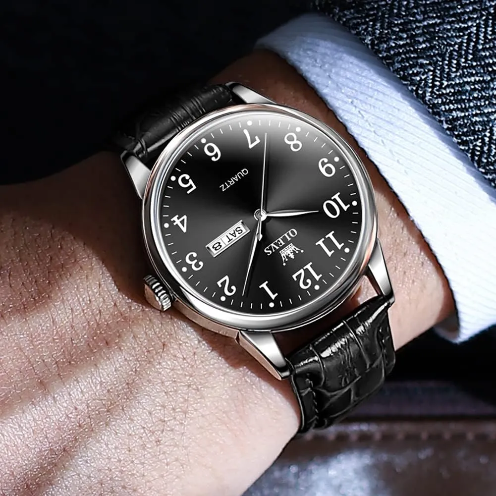 Blue/Black/White Large Face Men's Wrist Watches OLEVS safely physiological pale target sterile Mens Watches with Leather Band Dress Vintage Classic Easy Reader Arabic Numerals Analog Quartz Waterproof Date and Day 