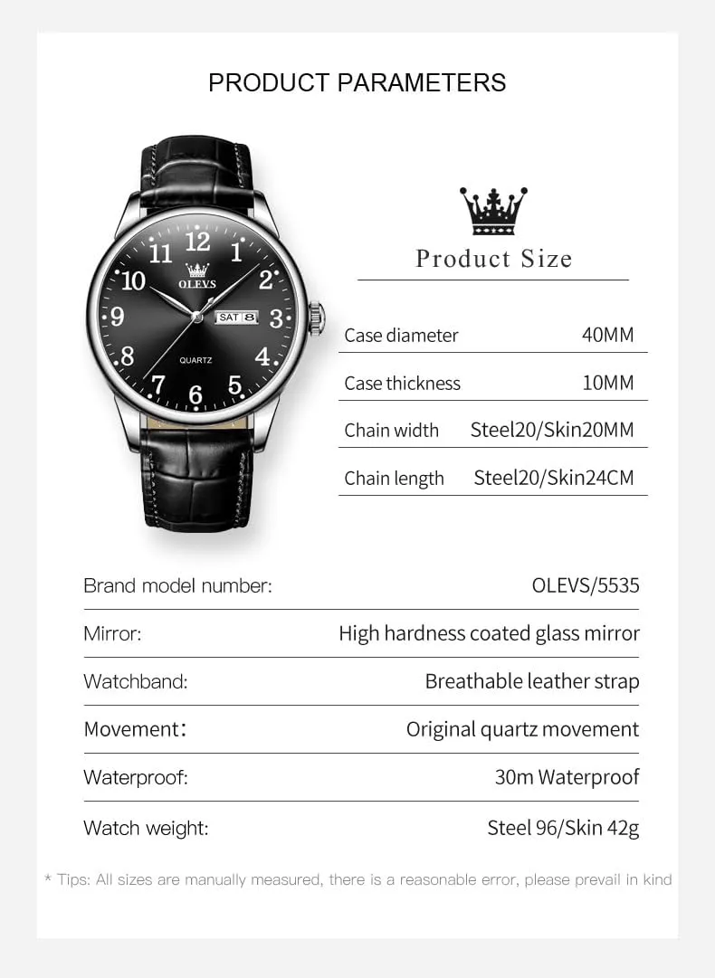 Blue/Black/White Large Face Men's Wrist Watches OLEVS safely physiological pale target sterile Mens Watches with Leather Band Dress Vintage Classic Easy Reader Arabic Numerals Analog Quartz Waterproof Date and Day 
