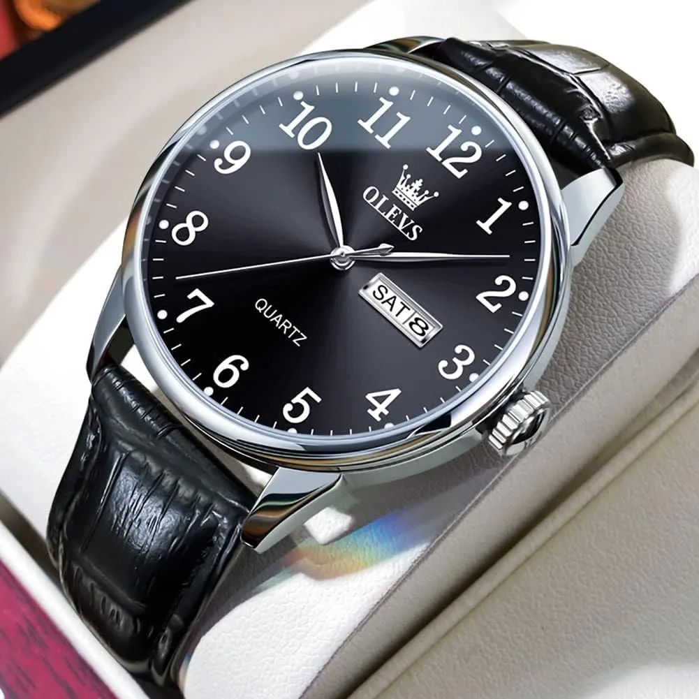 Blue/Black/White Large Face Men's Wrist Watches OLEVS safely physiological pale target sterile Mens Watches with Leather Band Dress Vintage Classic Easy Reader Arabic Numerals Analog Quartz Waterproof Date and Day 