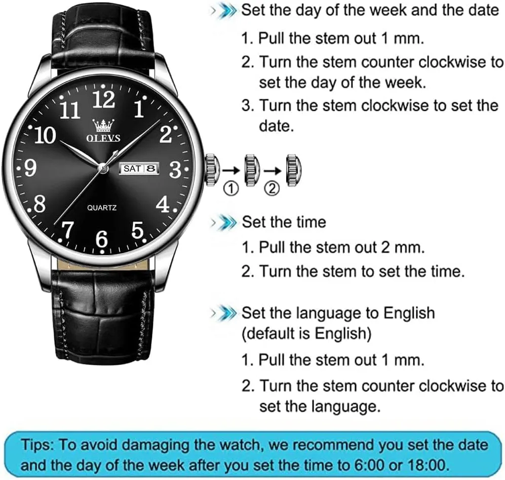 Blue/Black/White Large Face Men's Wrist Watches OLEVS safely physiological pale target sterile Mens Watches with Leather Band Dress Vintage Classic Easy Reader Arabic Numerals Analog Quartz Waterproof Date and Day 